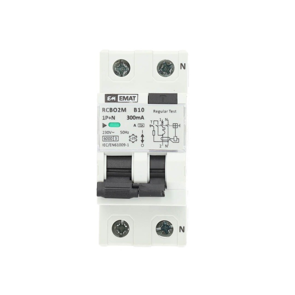 EMAT aardlekautomaat 1-polig+nul 10A B-kar 300mA 2 modules