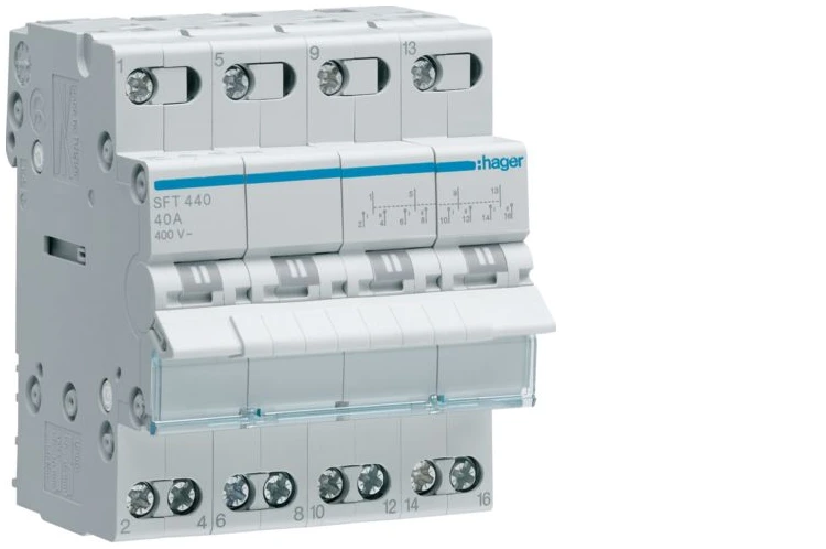 Modulaire omschakelaar 4-polig 40 A, NO.NC, I-0-II, common point boven